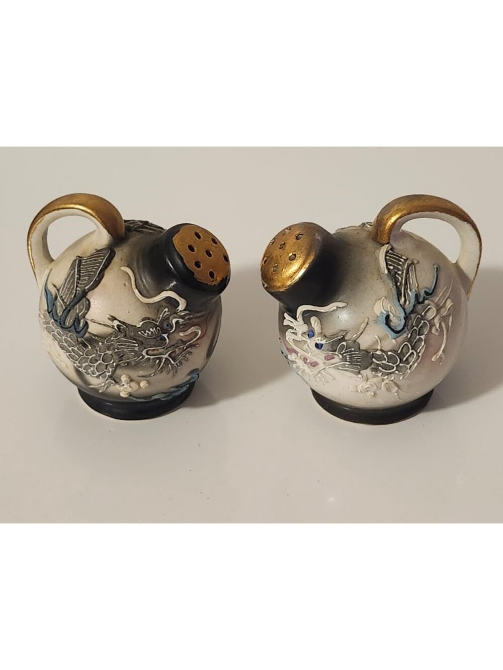 Japanese Moriage Dragon Salt & Pepper Shakers Gold Accents 1920